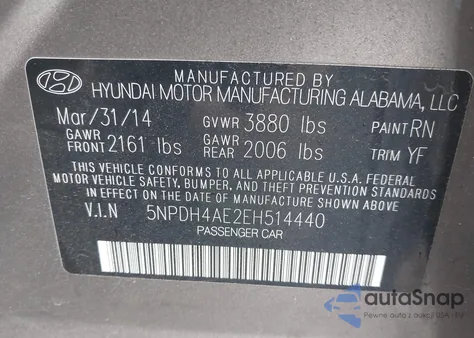 2014 Hyundai Elantra Se z USA, uszkodzony, nr VIN 5NPDH4AE2EH514440